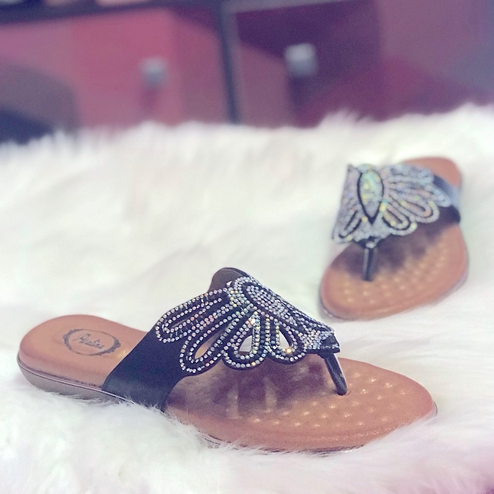 Last Chance BUTTERFLY Black AB Rhinestone Woven Bling Padded Slide Sandals 5.5 6 - Picture 9 of 10